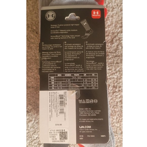 Under Armour Elevated Mens Performance Crew Socks, Red Gray Black 3 Pack - Picture 3 of 3